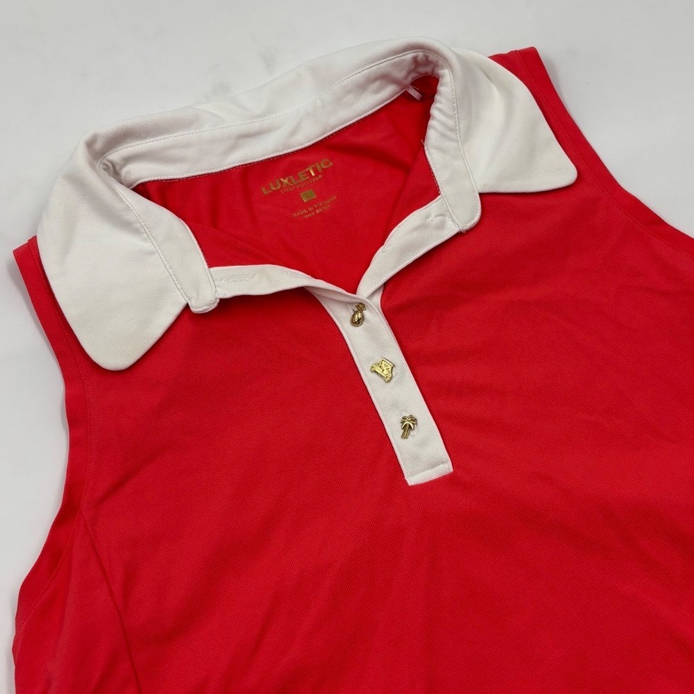 Lilly Pulitzer‎ Luxletic Women's L Pink Sleeveless Gold Buttons Polo Shirt